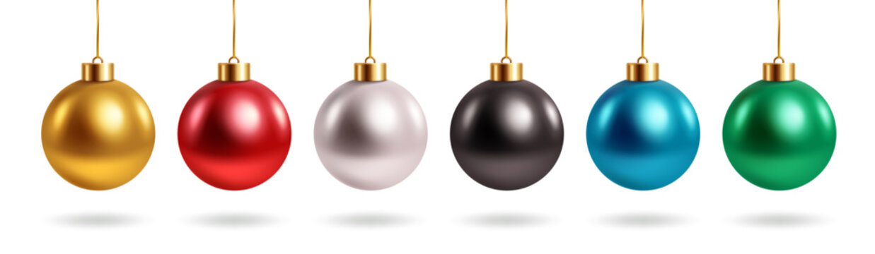 Christmas Ball Ornament Collection Clipart Set. Collection of glossy 3d Christmas ball ornaments featuring colorful hanging baubles clip art elements in gold, red, silver, black, blue and green 
