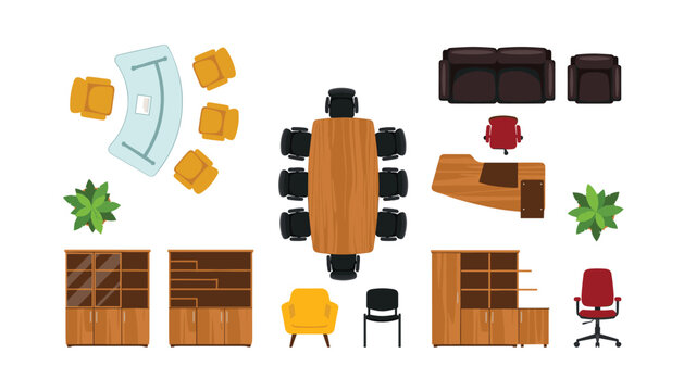 Office furniture top view vector set. Interior layout elements, conference table, desk, chairs, sofas, cabinets, potted plants.