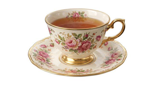 Vintage floral teacup with gold trim, antique porcelain tea cup and saucer, elegant rose pattern china for afternoon tea