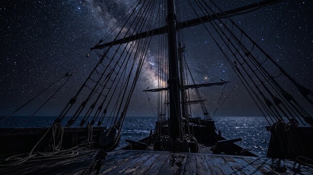 Cinematic view from the deck of an old wooden sailing ship at sea under a clear night sky filled with the Milky Way and stars