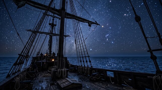 View from the deck of a vintage wooden sailing ship navigating a calm sea under a brilliant starry night sky