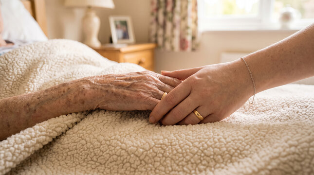 Woman holding elderly person hand gently to show love and family support in bedroom setting with soft warm textures for caring home atmosphere.