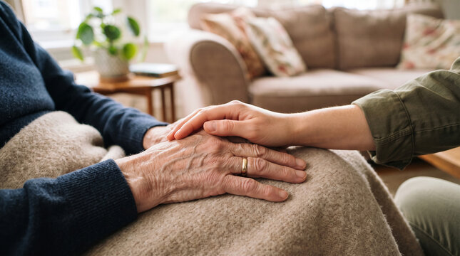 Caretaker holding hands of elderly woman resting in living room on cozy armchair wrapped in warm beige blanket for comfort and connection.