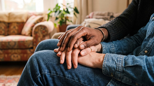 Diverse hands of multiethnic couple resting together in lap showing support and unity during emotional conversation in cozy home environment.