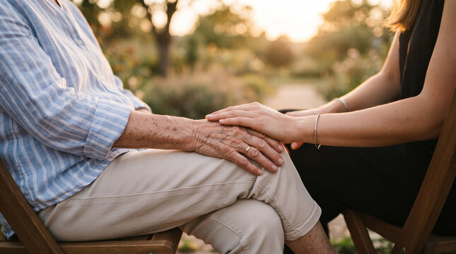 Caring hand of a younger person on an older person's knee outdoors at sunset, symbolizing intergenerational support and love.