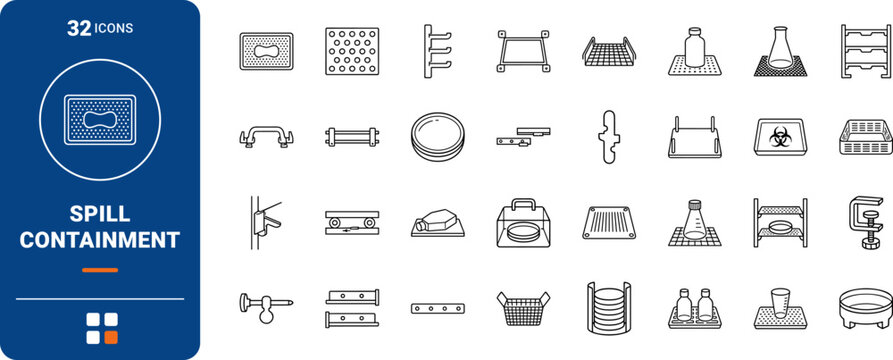Spill kit station line icon set. Vector pictograms of safety, containment, absorbent, and chemical elements, thin linear illustration.