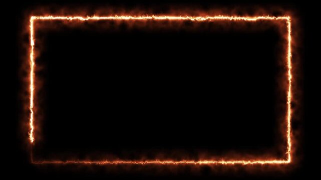 Fiery orange neon rectangle frame animation with glowing fire light border burning edges and smoke on black background futuristic 4K motion graphic loop