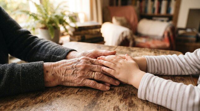 Elderly hands gently held by child's hands on a wooden table, symbolizing intergenerational love and connection within a family.