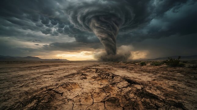 Dramatic desert dust storm swirling over cracked arid terrain at golden hour twilight