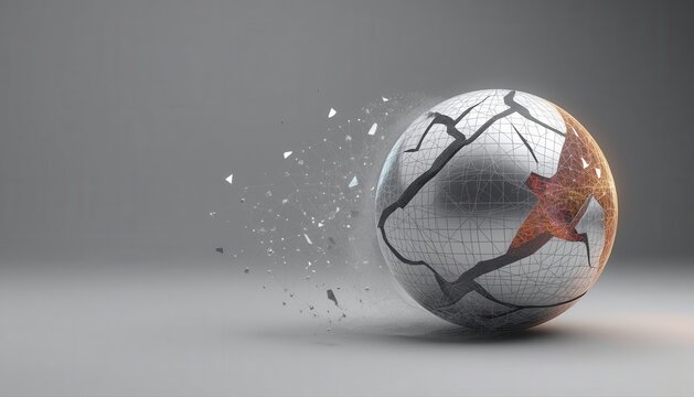 Cracked metallic globe dissolving into particles symbolizing climate change and environmental destruction with metallic earth environmental crisis disintegrating world planet breaking ecological