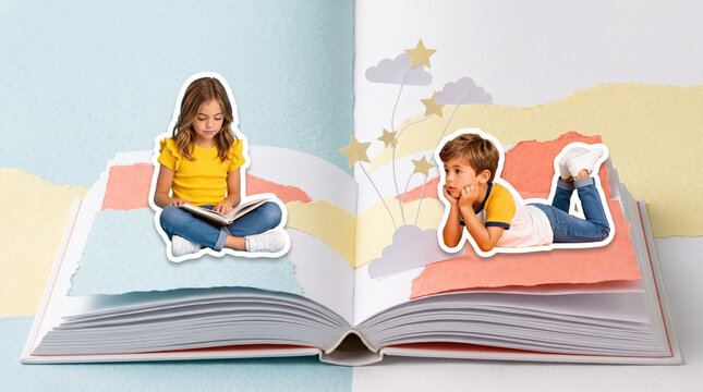 Caucasian children reading and relaxing on an open book collage with colorful clouds and stars