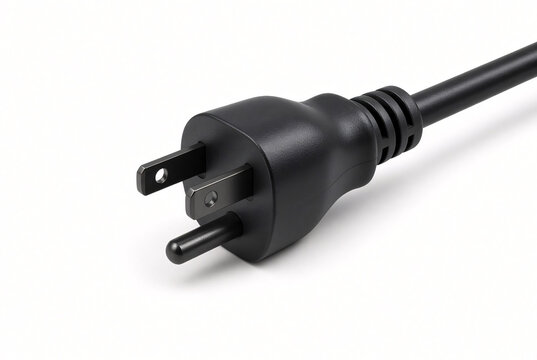 Single generic black three-prong electrical power plug isolated on pure white background, short section of cable attached, realistic molded plastic, professional studio product photography, soft