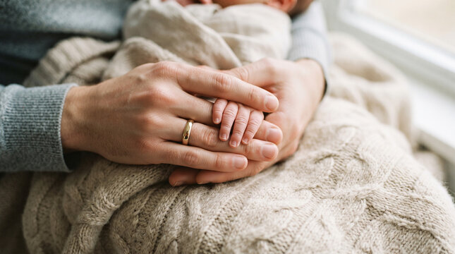 Adult holding newborn baby hand wearing gold wedding ring on soft beige knit blanket representing new life connection and parental support.