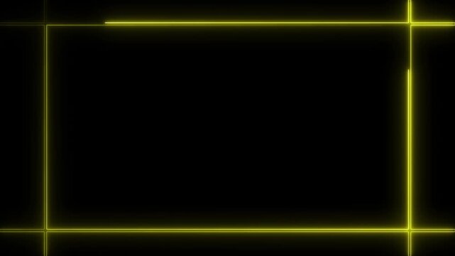 Yellow neon rectangle frame animation with glowing lime light border futuristic corner lines abstract motion graphic on black background 4K video loop