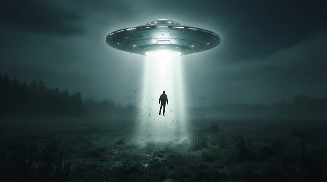 Mysterious UFO hovering over lone figure in eerie night landscape with glowing light.