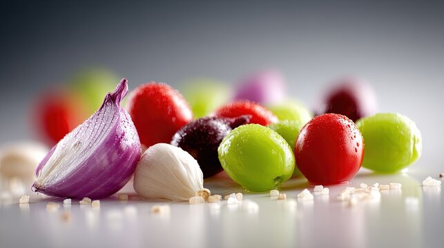 Red onion garlic and colorful vegetables on a reflective white surface with salt
