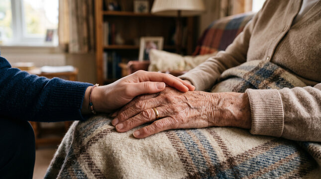 Supportive hand resting upon elderly person hand with wedding band on plaid blanket signifies kindness connection and elderly care services.