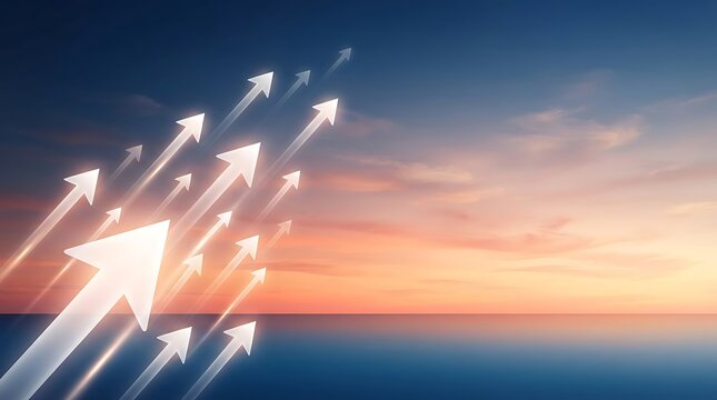 Dynamic upward arrows graphic illustrating business growth and success trajectory at sunset