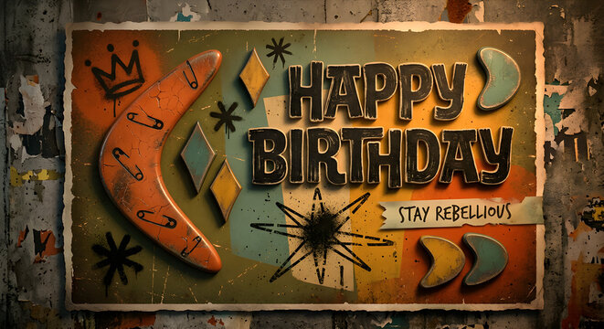 
Vintage Mid-Century Modern Happy Birthday Card on Rustic Wooden Background
