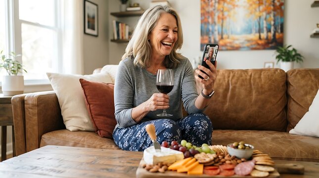 Smiling woman enjoying wine and charcuterie board at cozy home gathering