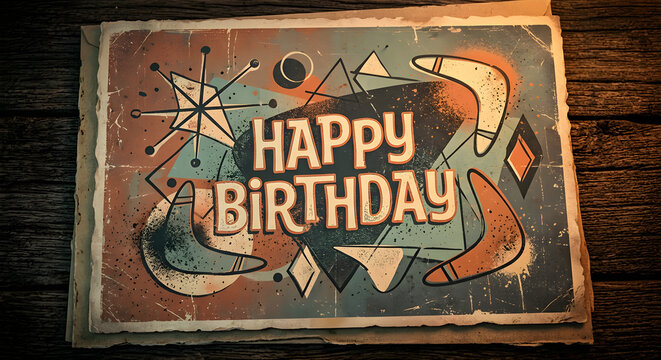 
Vintage Mid-Century Modern Happy Birthday Card on Rustic Wooden Background

