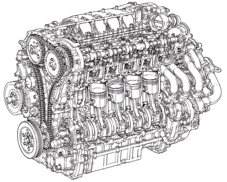 Intricate Engine Cutaway Blueprint, engine cutaway, engine blueprint, mechanical blueprint, automotive engineering, engine design, mechanical engineering, technical drawing, technical illustration, en