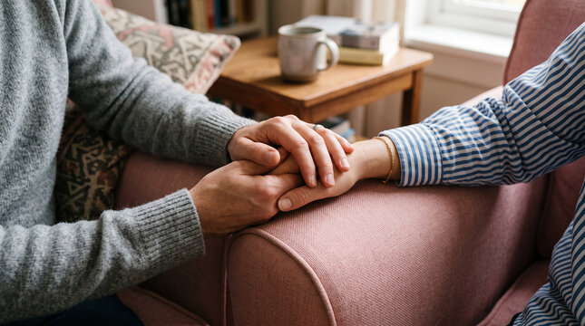 Close up of two people holding hands on a pink armchair sharing a quiet moment of support comfort and connection in living room.