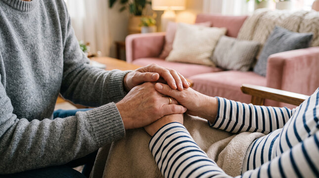 Senior man holding hands with elderly woman wearing striped shirt under soft blanket to offer comfort and support in a cozy living room.