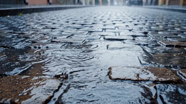Rain falling on cobblestone street water puddles reflecting the blurry city background atmospheric urban weather
