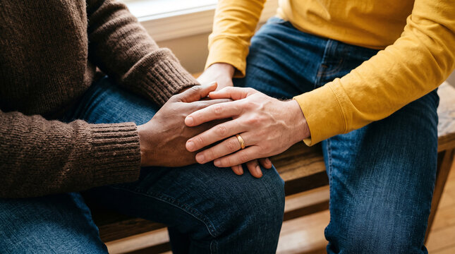Close up view of two men holding hands for support and comfort, wearing casual clothes in sunlit indoor setting.
