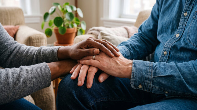 Diverse couple holding hands showing love compassion and understanding in domestic living room setting.