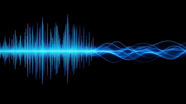 Glowing blue audio waveform transitioning into smooth lines. Concept of voice recognition technology, music frequency, and podcast broadcasting.