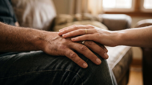 Gentle hand of a woman resting on a man's arm, expressing care and comfort, symbolizing strong relationship bonds.