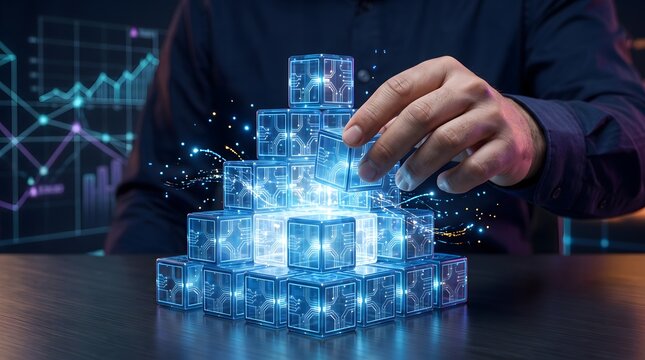 Businessman hand stacking glowing blue digital circuit cubes into a pyramid. Concept of software development strategy, block chain technology, and artificial intelligence architecture.