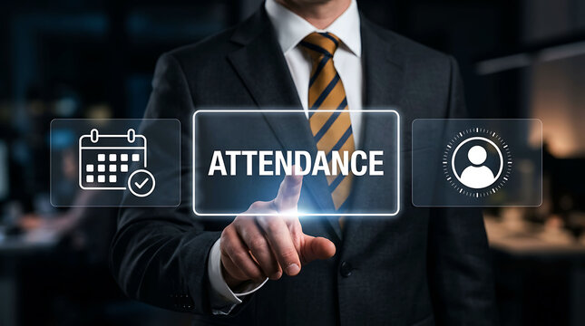 Businessman touching attendance virtual screen for employee time tracking