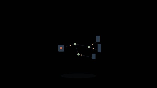 Data flow network animation with source hub and endpoints, transparent background data distribution pipeline motion graphics overlay, seamless loop network topology element with alpha channel