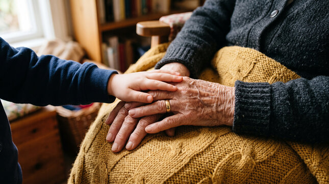 Little child hand gently resting on wrinkled hand of senior grandmother wearing wedding ring on yellow knitted blanket in living room.