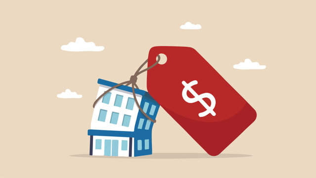 High office rent, expensive commercial real estate, corporate cost concept, a small office building with a giant heavy price tag attached, clean minimal flat vector illustration