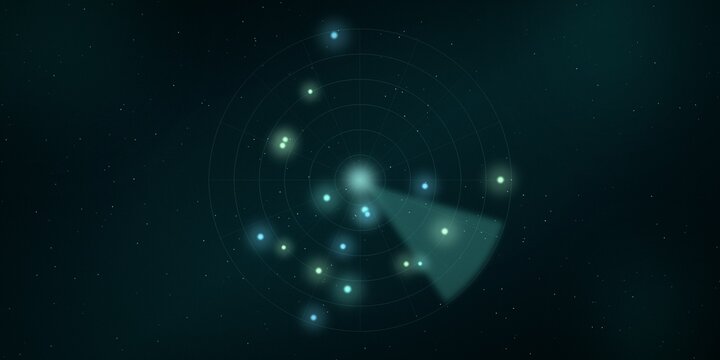 Futuristic Digital Radar Screen with Glowing Data Nodes and Target Scanning Grid