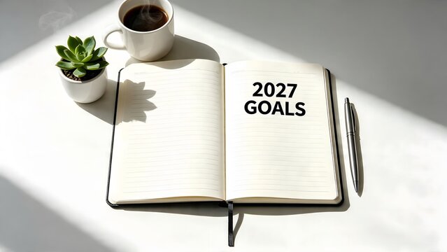 Open Notebook With 2027 Goals Text, Coffee Cup, Succulent Plant, And Pen On White Desk In Morning Sunlight, Business Planning Banner