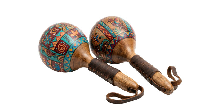 Two intricately decorated wooden maracas with leather grips and straps PNG Isolated on transparent background