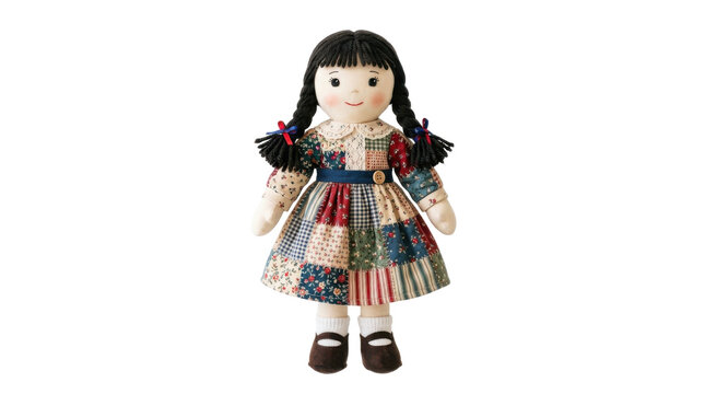 Rag doll with braided hair wearing a patchwork dress and brown shoes PNG Isolated on transparent background
