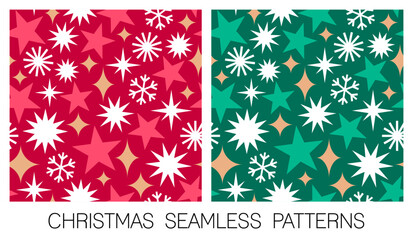 Naklejka premium Set of red and green star and snowflake seamless pattern for christmas and new year background.