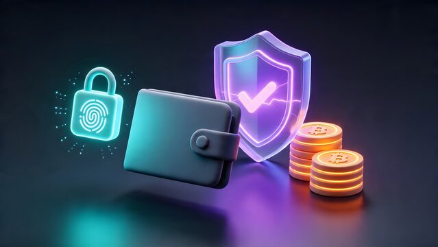 Digital Cryptocurrency Wallet Floating With Glowing Neon Security Shield, Padlock, And Bitcoin Coins Against Dark Background, Financial Technology Banner Concept