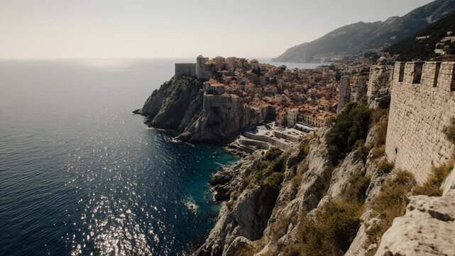 Mediterranean Cliffside Fortress Overlooking Turquoise Sea Sunset.