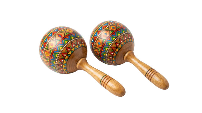 Two colorful wooden maracas with geometric patterns and handles PNG Isolated on transparent background