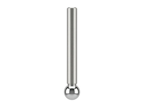 Stainless steel dowel pin with spherical ends positioned vertically on a plain background.