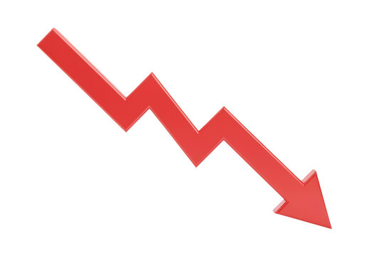 A matte red three dimensional zigzag arrow pointing downwards, representing a negative financial trend, market crash, or loss on a white background