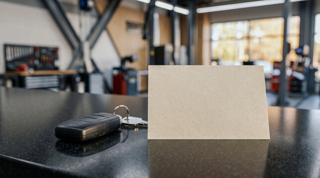 Blank business card and car key mockup on counter in modern auto repair garage shop