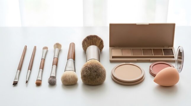 Set of professional makeup brushes and cosmetic eyeshadow palette for beauty and skin care routine. beginner makeup guide